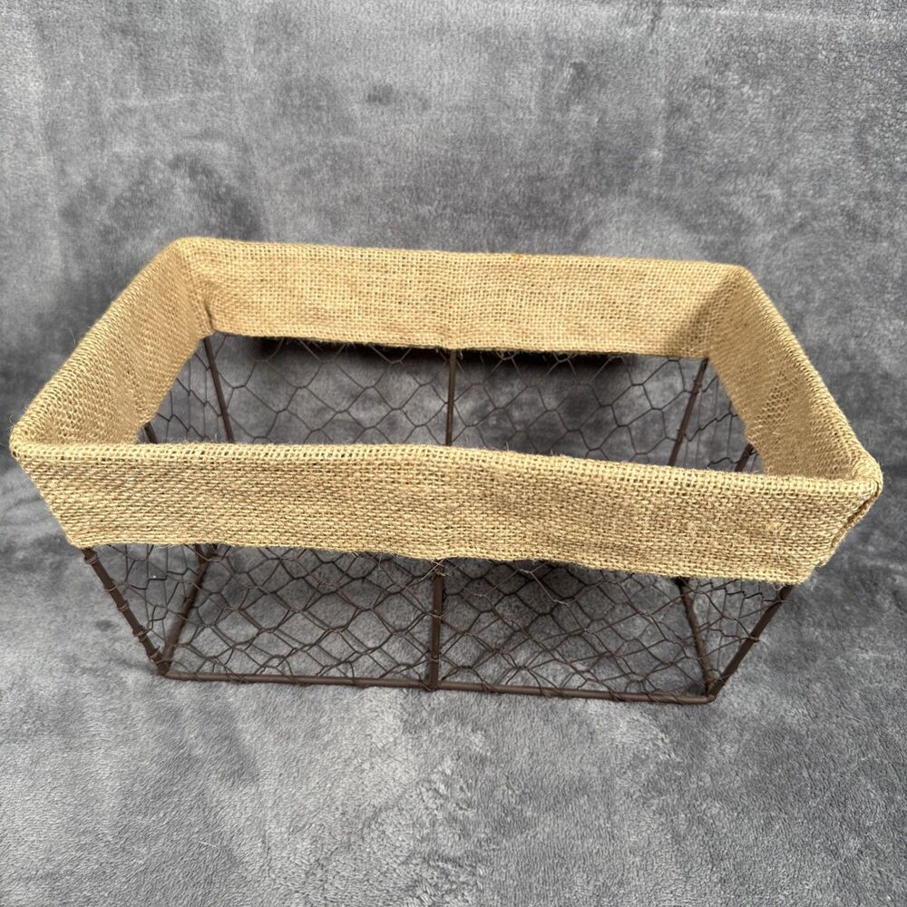 Vintage Inspired Chicken Wire Basket Burlap 12” x 7.5” Brown Rustic